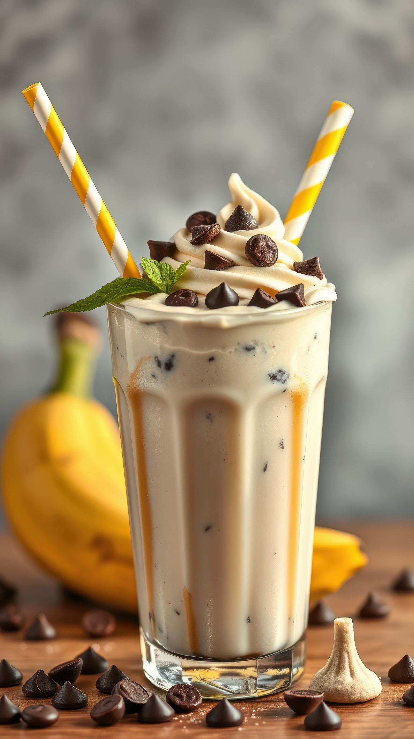 Creamy banana smoothie topped with chocolate chips and mint in a glass with striped straws